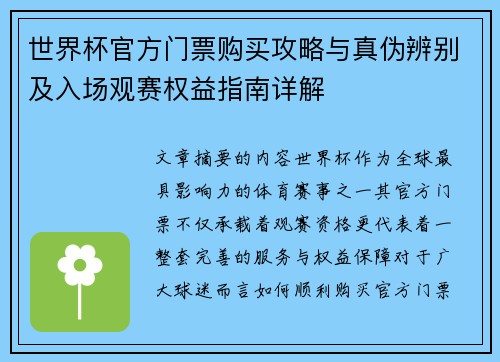 世界杯官方门票购买攻略与真伪辨别及入场观赛权益指南详解