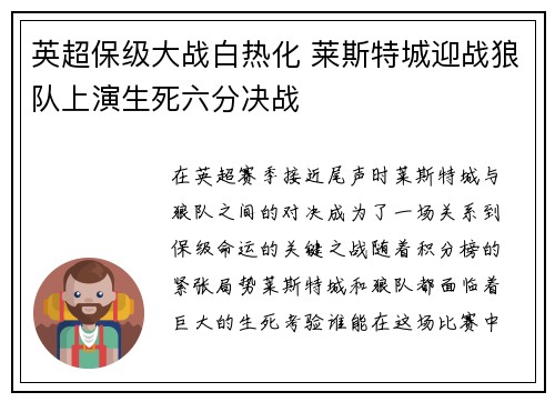 英超保级大战白热化 莱斯特城迎战狼队上演生死六分决战 英超保级大战白热化 莱斯特城迎战狼队上演生死六分决战